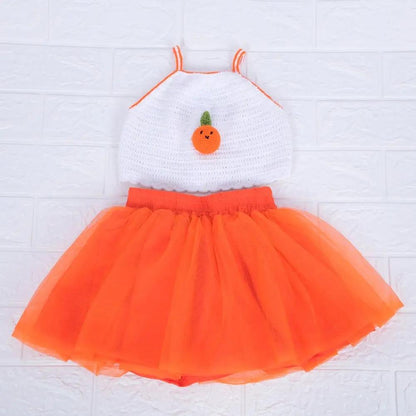 White & Orange Semi-Crochet Soft Net Frock Set for Baby Girls