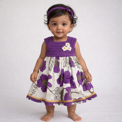 Purple Semi-Crochet Jaipur Cotton Frock for Baby Girls