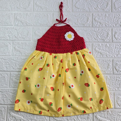 Red Rope Semi-Crochet Cotton Frock for Baby Girls