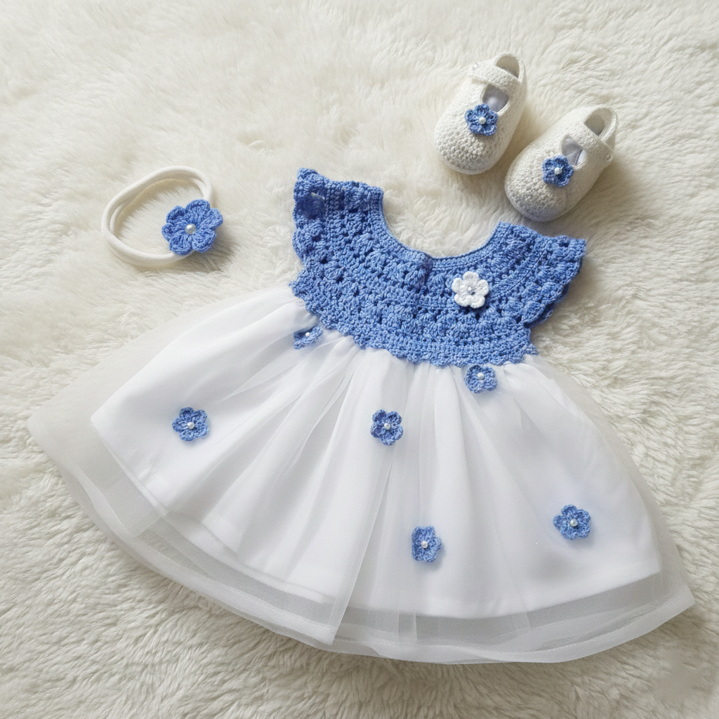 Complete Baby Outfit Set – Dress with Matching Shoes & Headband