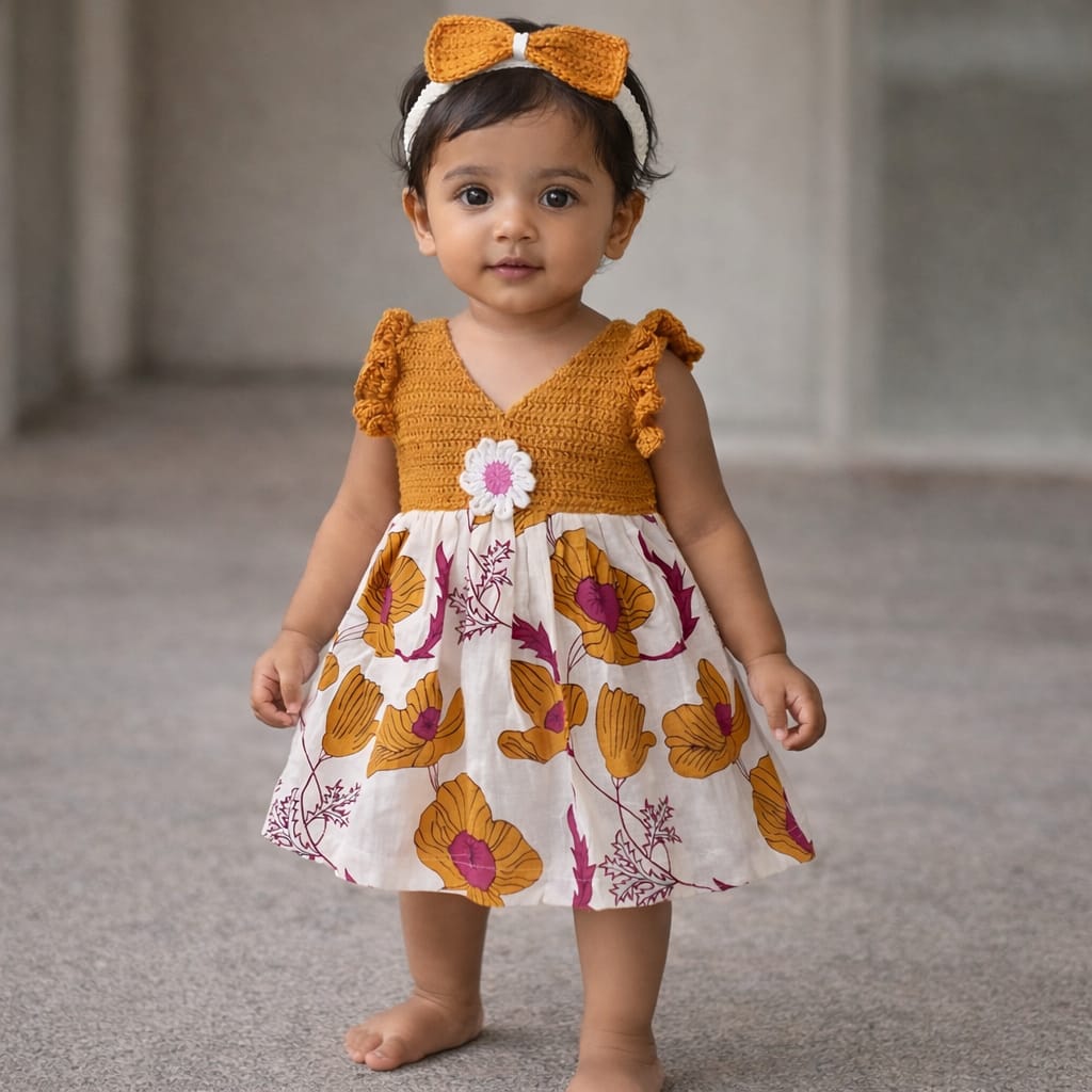 Sunbloom Crochet Dress – Mustard Bodice & Floral Skirt