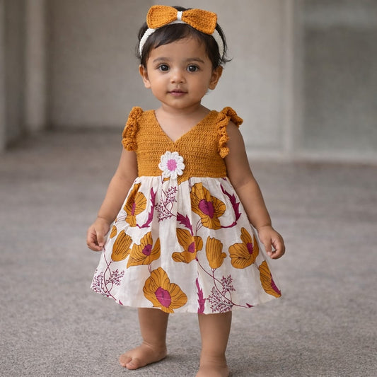 Sunbloom Crochet Dress – Mustard Bodice & Floral Skirt