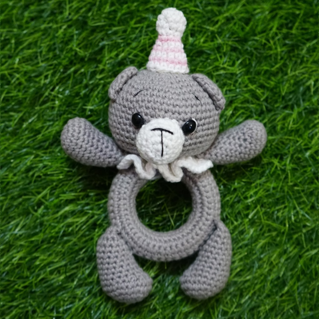 Gray Bear Baby Rattle with Party Hat