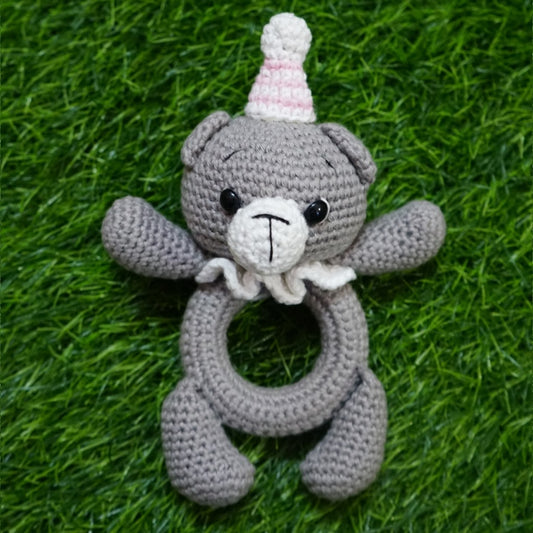 Gray Bear Baby Rattle with Party Hat