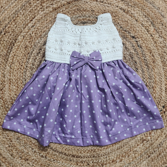 White Crochet Yoke Semi-Crochet Frock with Violet Polka-Dot Skirt