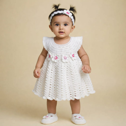Handmade Christmas Crochet Frock – White & Pink Floral Elegance