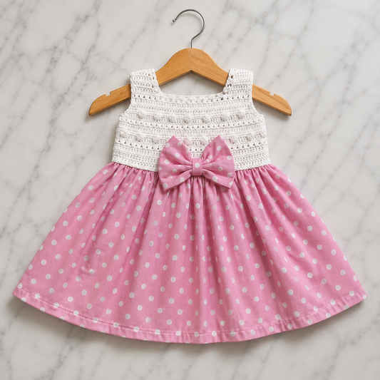 White Semi-Crochet Baby Frock with Pink Polka Dot Skirt