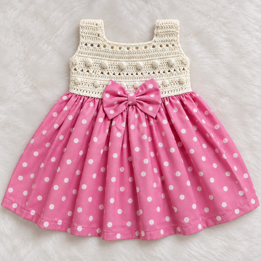 White Semi-Crochet Baby Frock with Pink Polka Dot Skirt
