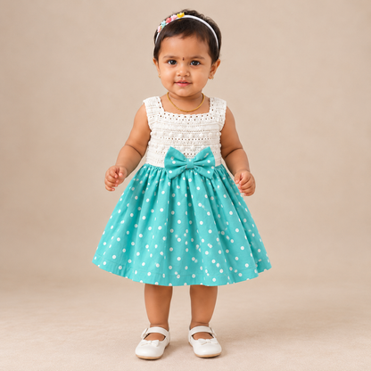 White Semi-Crochet Baby Dress with Green Polka Dot Skirt