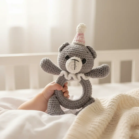 Bear Rattle – Soft & Safe Baby Toy – handmade crochet rattle toy by Veema Crochet