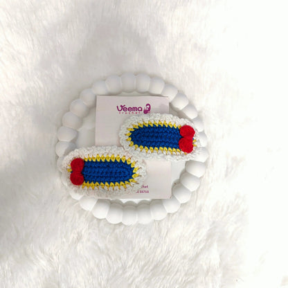 Blue Bow Crochet Hair Clips – close-up detail of crochet hair clip, Veema Crochet