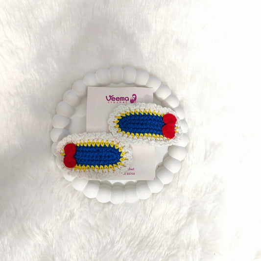 Blue Bow Crochet Hair Clips – close-up detail of crochet hair clip, Veema Crochet
