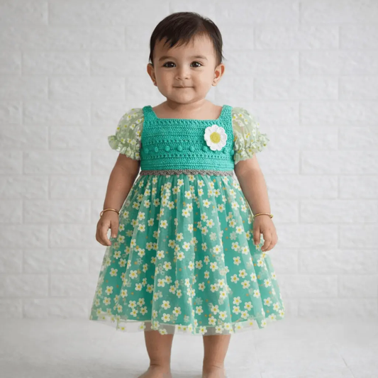 Daisynet-Green Crochet Dress – handmade crochet baby dress by Veema Crochet