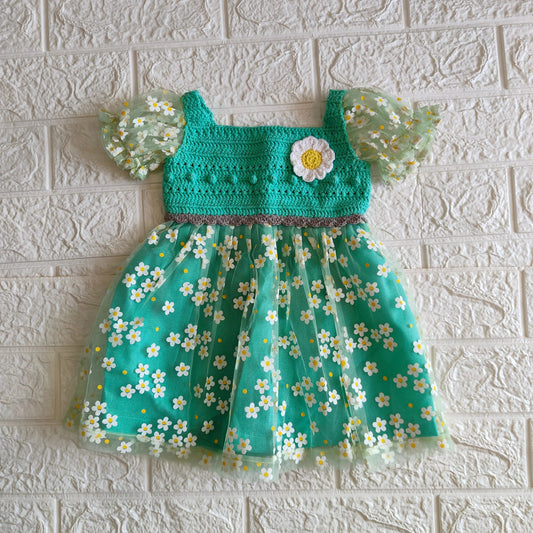 Daisynet-Green Crochet Dress – close-up detail of crochet baby dress, Veema Crochet
