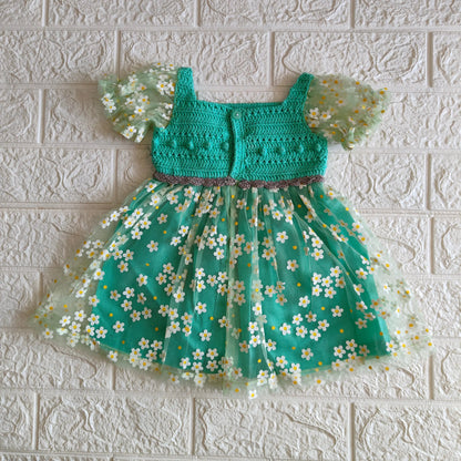 Daisynet-Green Crochet Dress – alternate angle of handmade crochet baby dress, Veema Crochet