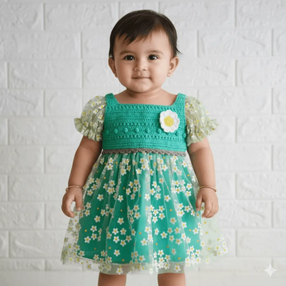 Daisynet-Green Crochet Dress – styled view of crochet baby dress, Veema Crochet