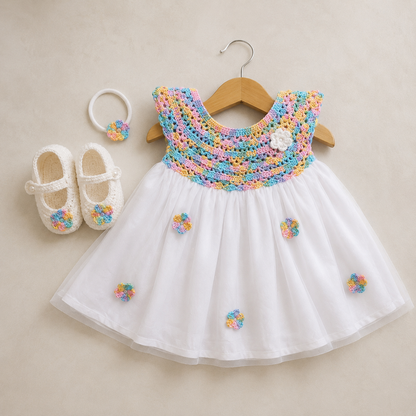 Rainbow Semi-Crochet Softnet Frock for Baby Girls -Outfit Set
