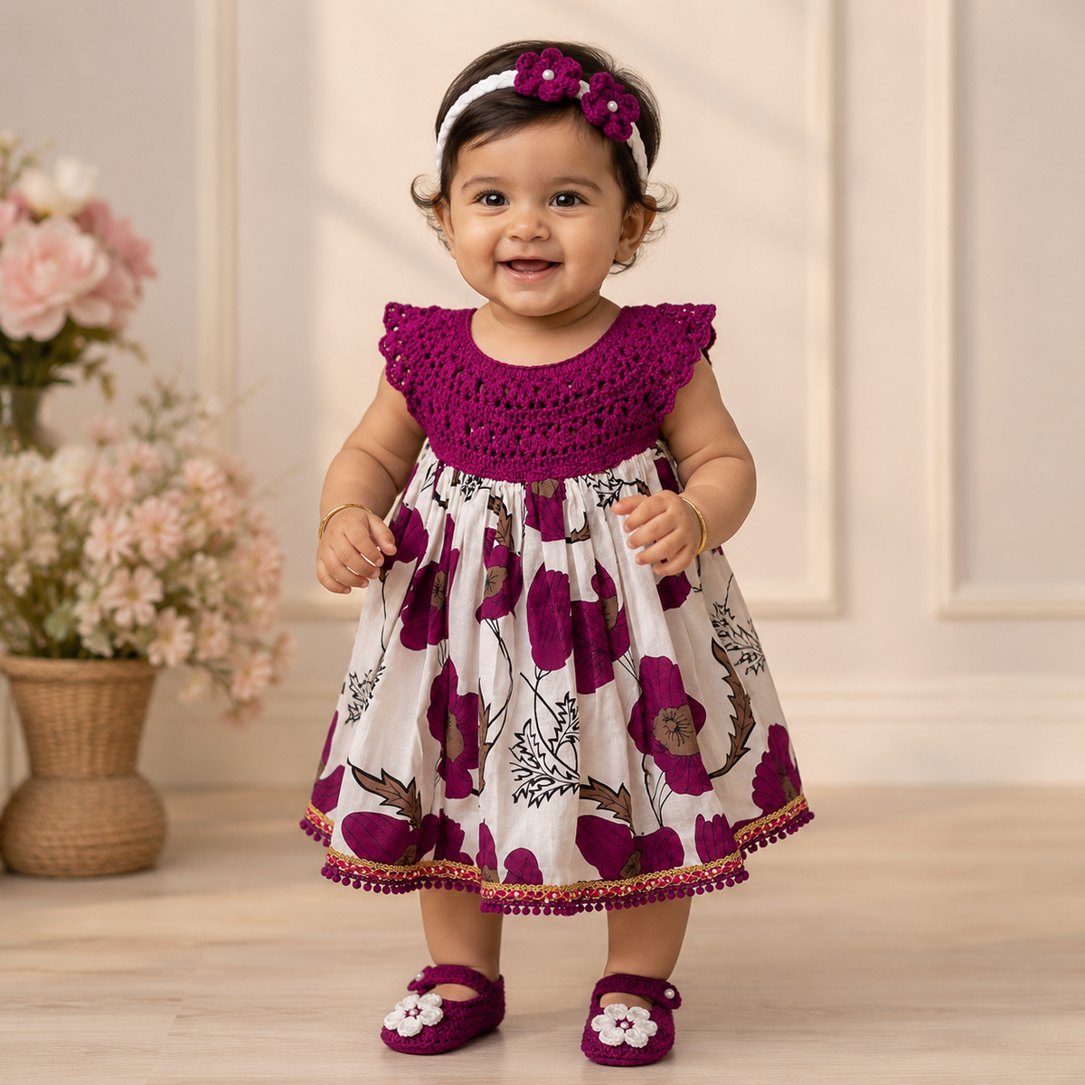 Wine Semi-Crochet Jaipur Cotton Frock for Baby Girls-Outfit Set