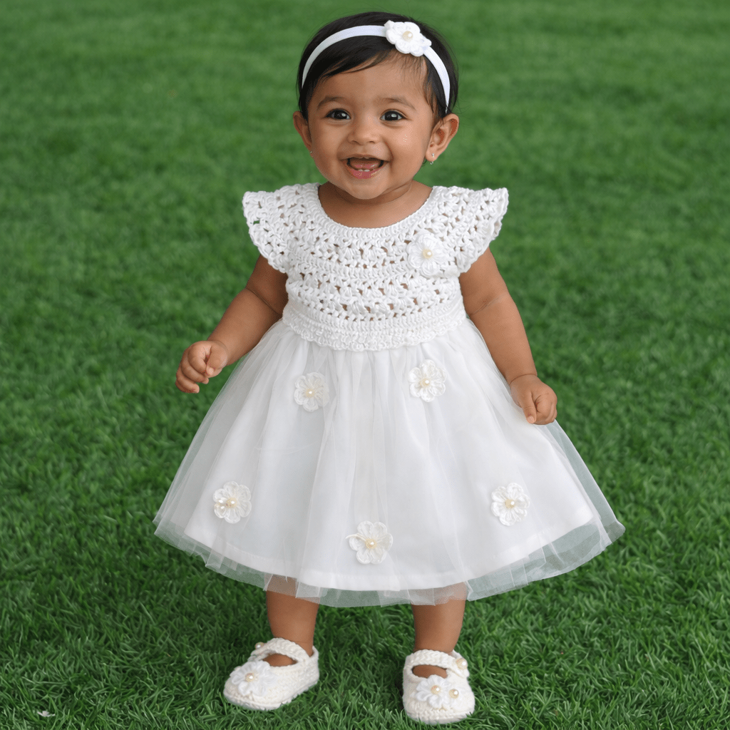 White Complete Baby Outfit Set – Dress with Matching Shoes & Headband