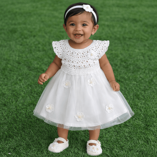 White Complete Baby Outfit Set – Dress with Matching Shoes & Headband