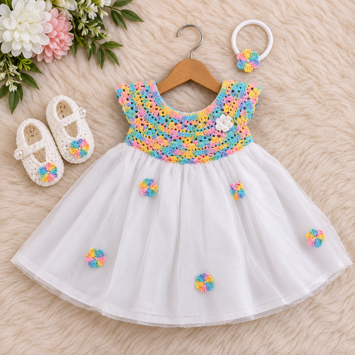 Rainbow Semi-Crochet Softnet Frock for Baby Girls -Outfit Set