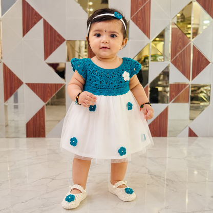 Teal Semi-Crochet Softnet Frock Outfit Set for Baby Girls