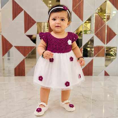 Wine Semi-Crochet Softnet Frock – Outfit Set for Baby Girls