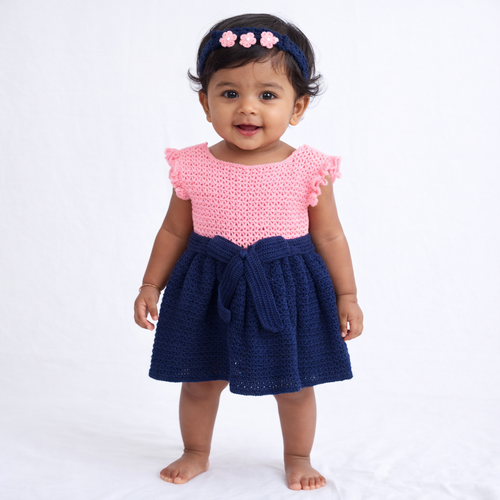 Elegant Crochet Frock – Pink & Navy Bow Charm