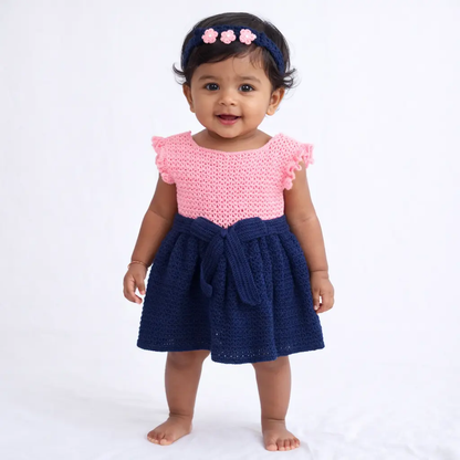 Elegant Crochet Frock – Pink & Navy Bow Charm