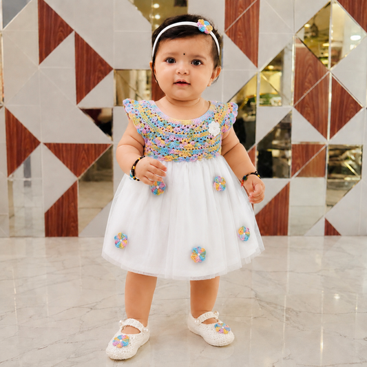 Rainbow Semi-Crochet Softnet Frock for Baby Girls -Outfit Set
