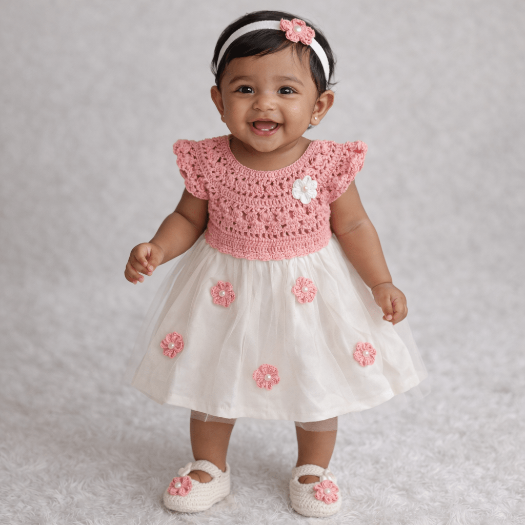 Pink Complete Baby Outfit Set – Dress with Matching Shoes & Headband