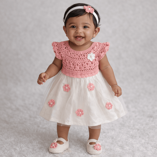 Pink Complete Baby Outfit Set – Dress with Matching Shoes & Headband