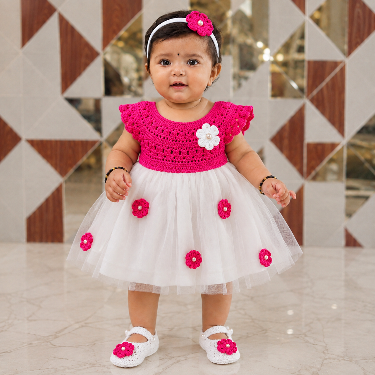 Rani Pink Semi-Crochet Softnet Frock for Baby Girls -Outfit Set