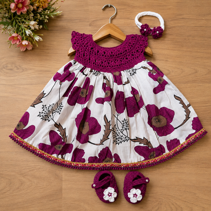 Wine Semi-Crochet Jaipur Cotton Frock for Baby Girls-Outfit Set