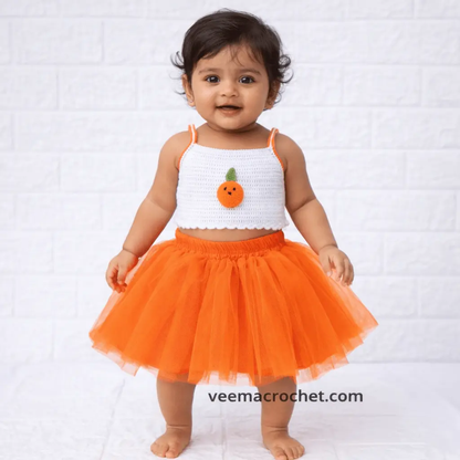 White & Orange Semi-Crochet Soft Net Frock Set for Baby Girls