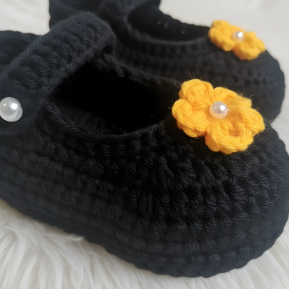 Handcrafted Black Crochet Baby Shoes – Soft & Cozy for Tiny Feet – close-up detail of crochet baby shoes, Veema Crochet