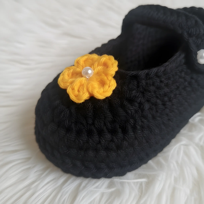 Handcrafted Black Crochet Baby Shoes – Soft & Cozy for Tiny Feet – alternate angle of handmade crochet baby shoes