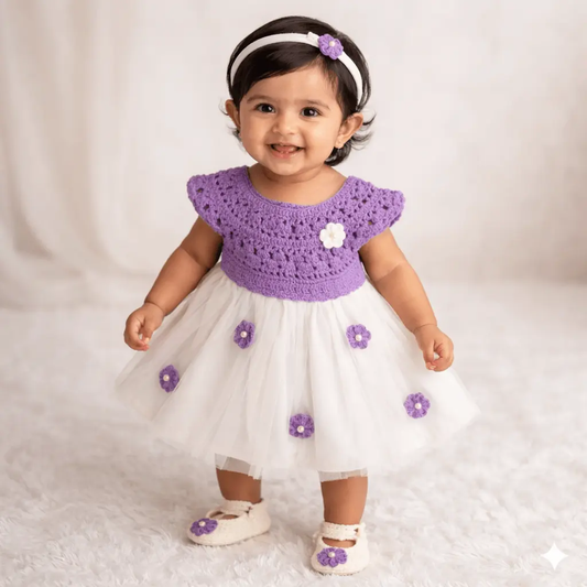 Lavender Complete Baby Outfit Set – Dress with Matching Shoes & Headband – handmade crochet baby dress by Veema Crochet