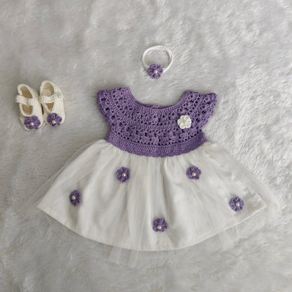 Lavender Complete Baby Outfit Set – Dress with Matching Shoes & Headband – close-up detail of crochet baby dress