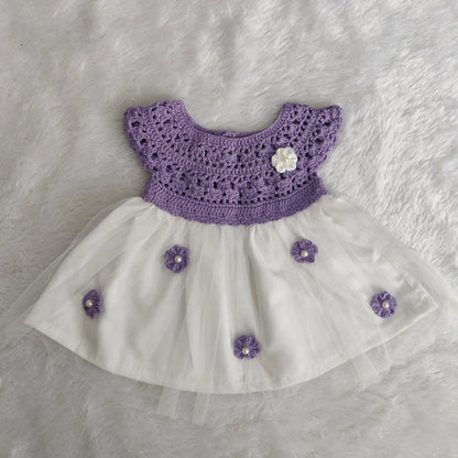 Lavender Complete Baby Outfit Set – Dress with Matching Shoes & Headband – alternate angle of handmade crochet baby dress