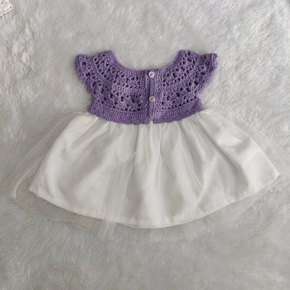 Lavender Complete Baby Outfit Set – Dress with Matching Shoes & Headband – styled view of crochet baby dress, Veema Crochet