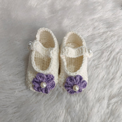 Lavender Complete Baby Outfit Set – Dress with Matching Shoes & Headband – crochet baby dress shown in use, Veema Crochet 
