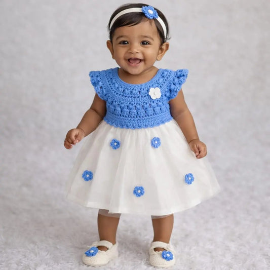 Light Blue Complete Baby Outfit Set – Dress with Matching Shoes & Headband – handmade crochet baby dress by Veema Crochet
