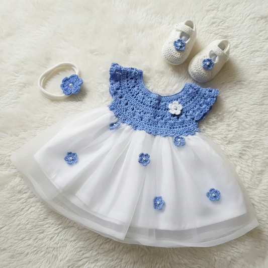 Light Blue Complete Baby Outfit Set – Dress with Matching Shoes & Headband – close-up detail of crochet baby dress, Veema Crochet
