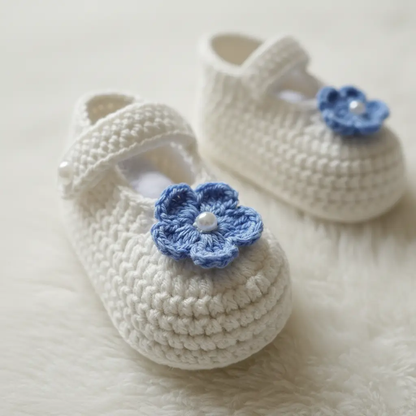 Light Blue Complete Baby Outfit Set – Dress with Matching Shoes & Headband – crochet baby dress shown in use, Veema Crochet