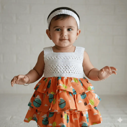 Parachute Crochet Frock – styled view of crochet baby dress, Veema Crochet