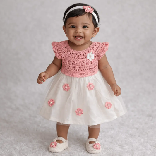 Pink Complete Baby Outfit Set – Dress with Matching Shoes & Headband – handmade crochet baby dress by Veema Crochet