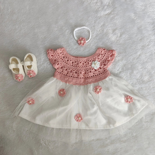Pink Complete Baby Outfit Set – Dress with Matching Shoes & Headband – close-up detail of crochet baby dress, Veema Crochet