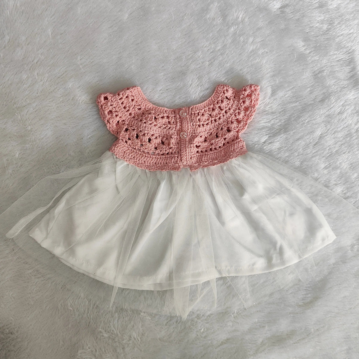Pink Complete Baby Outfit Set – Dress with Matching Shoes & Headband – alternate angle of handmade crochet baby dress, Veema Crochet