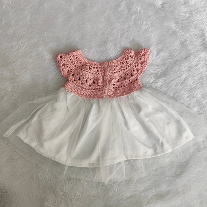 Pink Complete Baby Outfit Set – Dress with Matching Shoes & Headband – alternate angle of handmade crochet baby dress, Veema Crochet